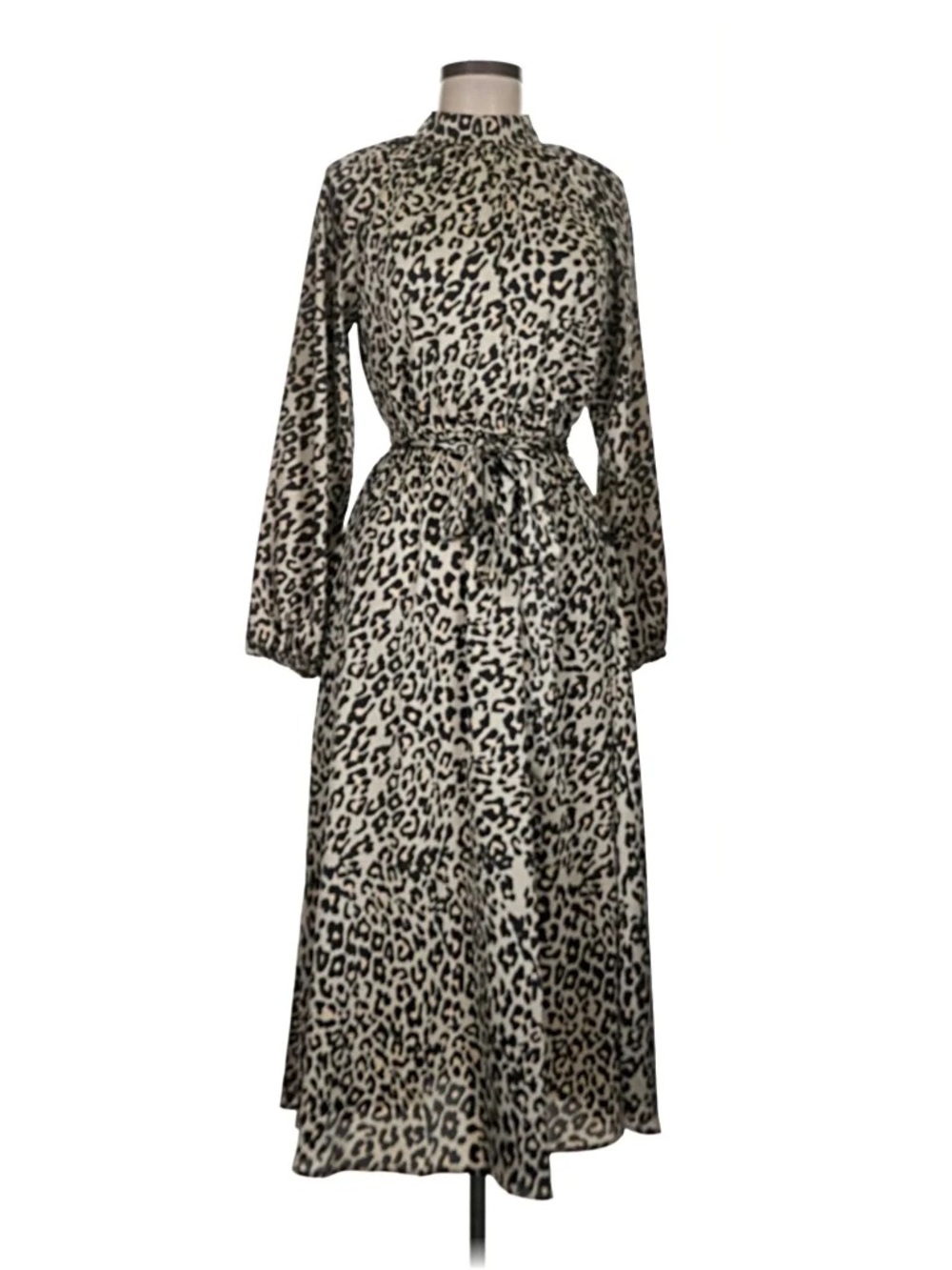 LOFT Beige & Brown Leopard-Print Long Sleeve Midi Dress Tie Elastic Waist Satin